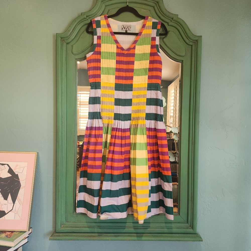 Dusen Dusen Pleated Striped Dress Medium NWOT